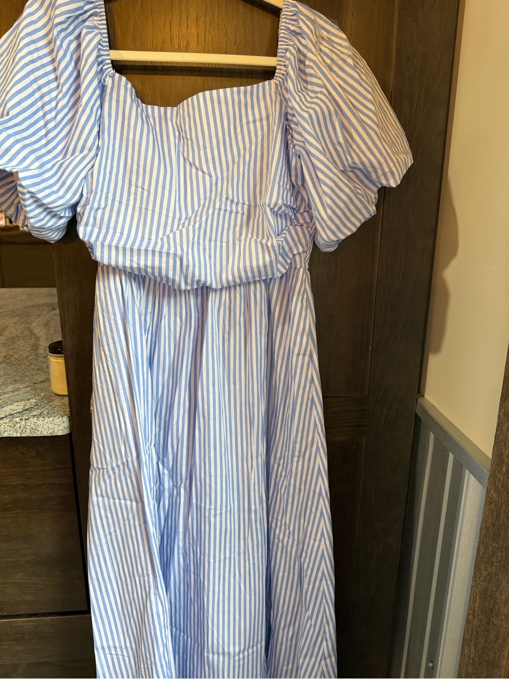 Petal & Pup Light Blue and White Striped Puff-Sleeve Dress